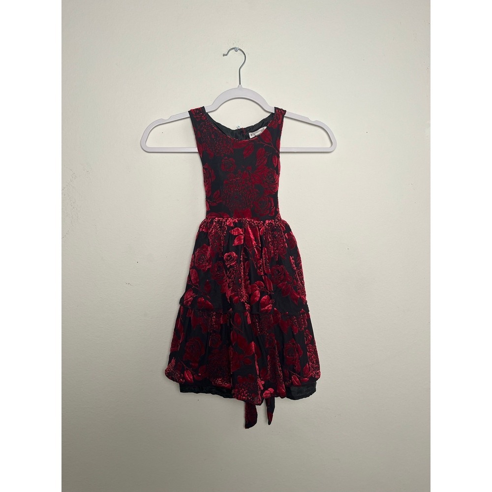 Nannette Kids Girls Red Black Floral Burnout Velvet Tiered Party Dress Size 6